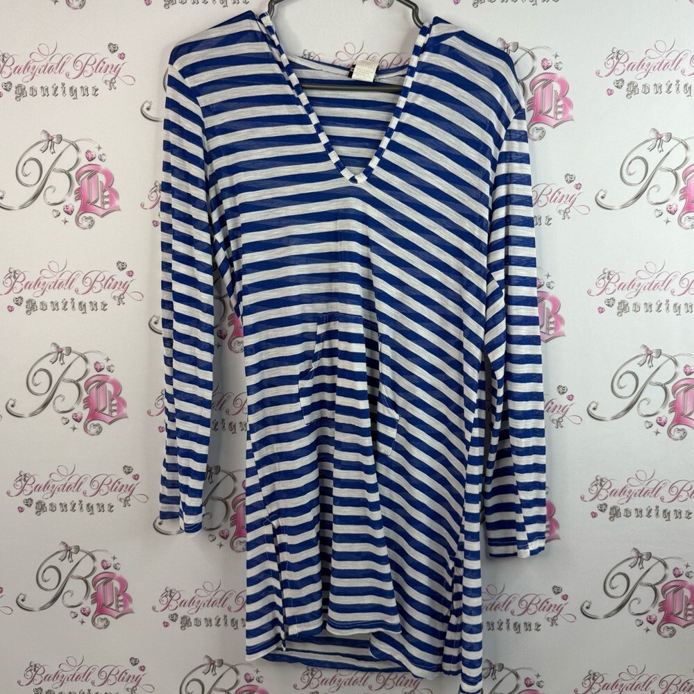 Cover me dress hooded beach coverup Striped V-Neck Mini Dress in Blue and White